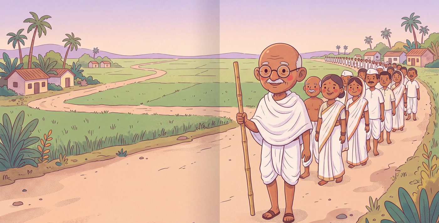 Gandhi leading the Salt March along a country road
