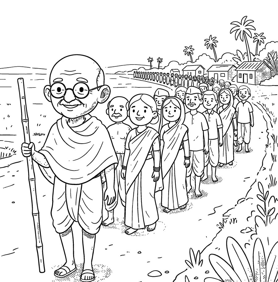 Colouring page from Mahatma Gandhi: The Salt March