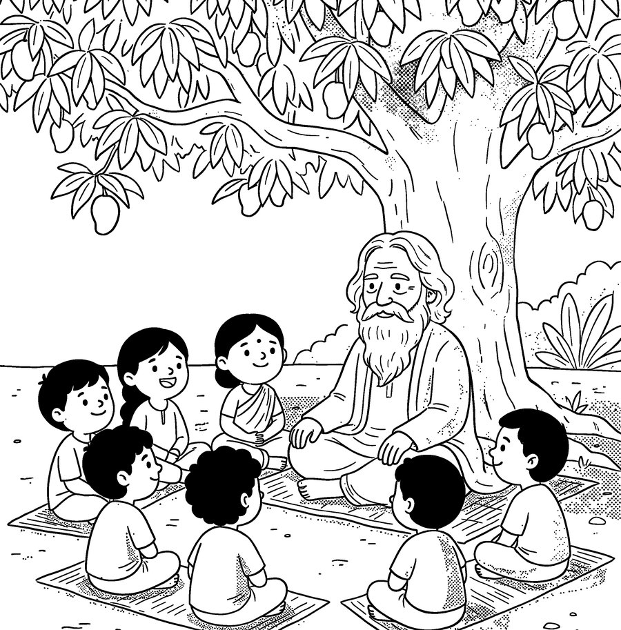 Colouring page from Rabindranath Tagore: Lessons under the trees
